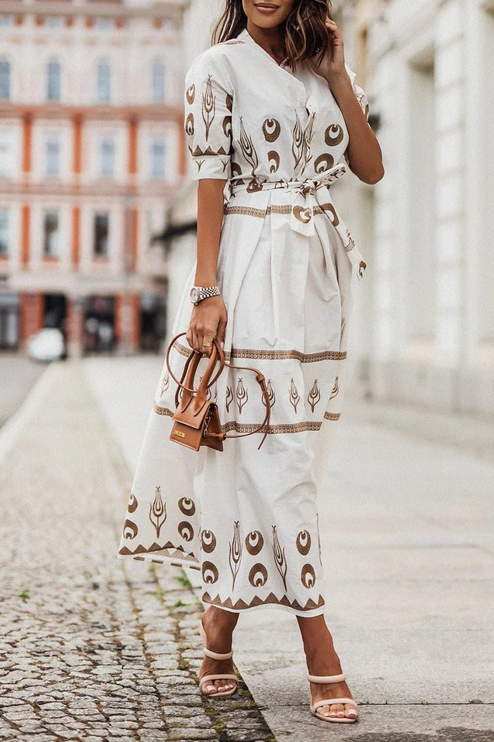 Boho Midi Kjole Bælte 3/4 Ærmer A-line Snit - White
