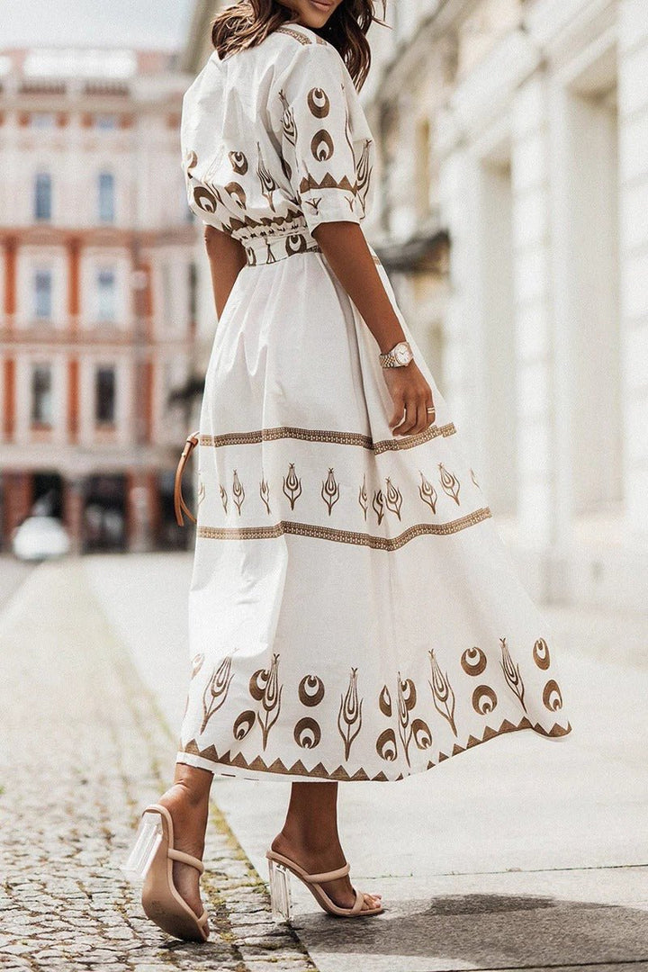 Boho Midi Kjole Bælte 3/4 Ærmer A-line Snit