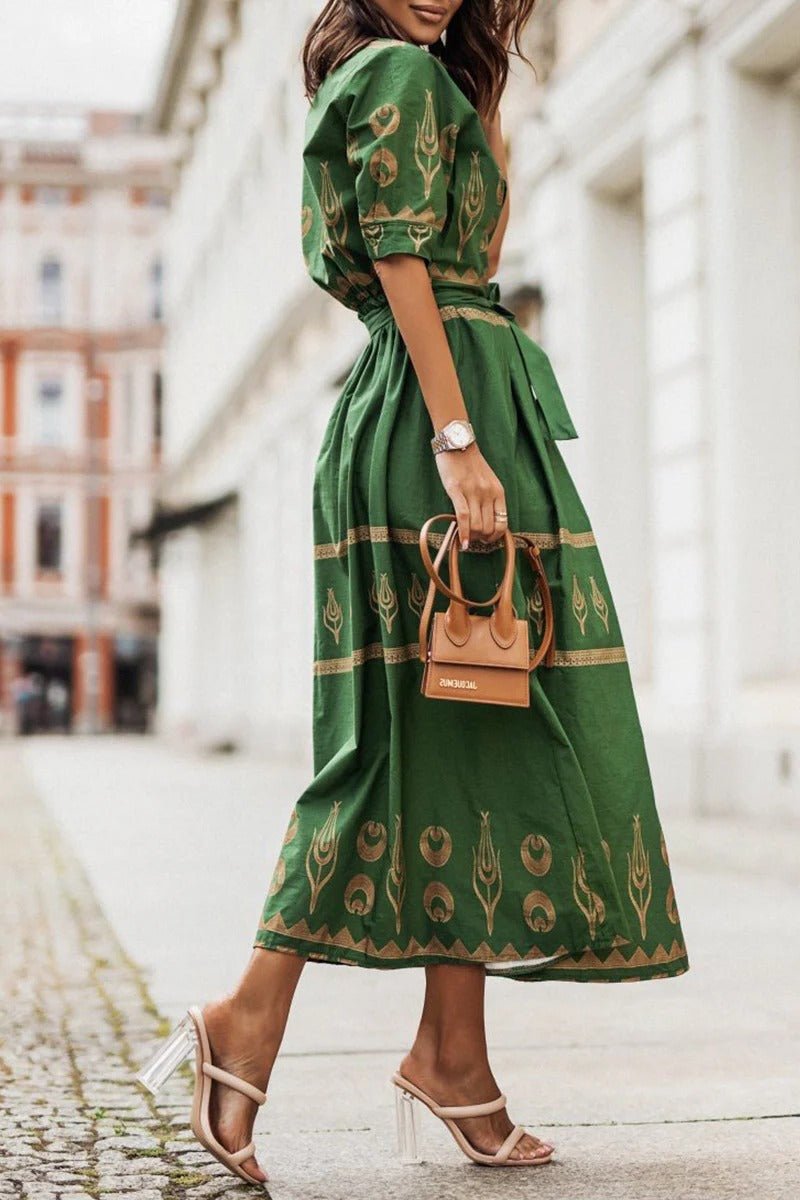 Boho Midi Kjole Bælte 3/4 Ærmer A-line Snit