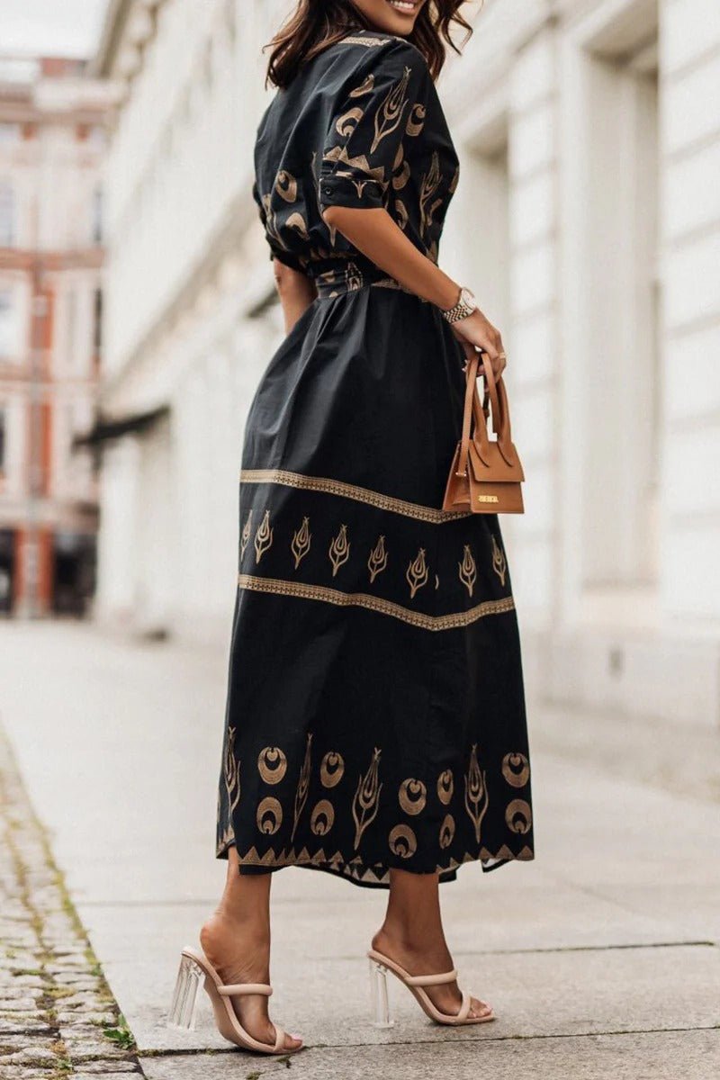 Boho Midi Kjole Bælte 3/4 Ærmer A-line Snit