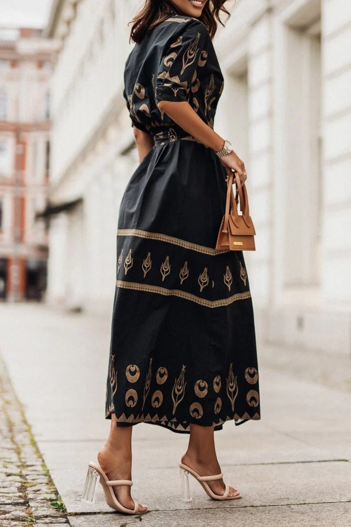 Boho Midi Kjole Bælte 3/4 Ærmer A-line Snit