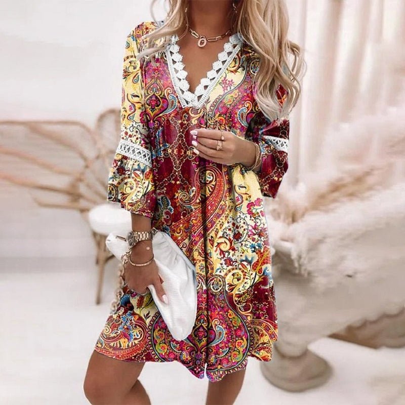 Boho Mini Kjole Løs Pasform Print V-Udskæring Langærmet - Red