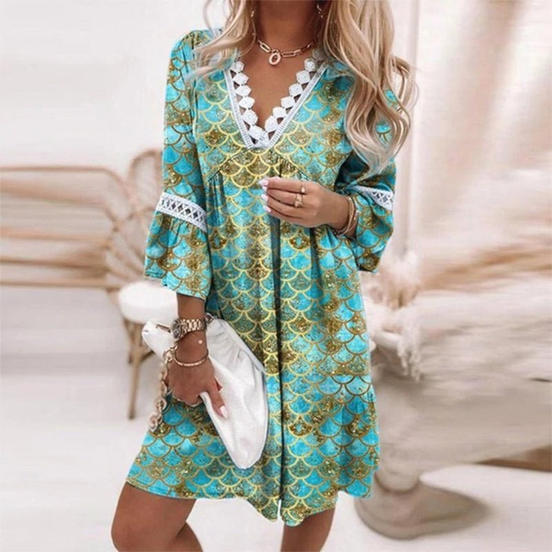 Boho Mini Kjole Løs Pasform Print V-Udskæring Langærmet - Green
