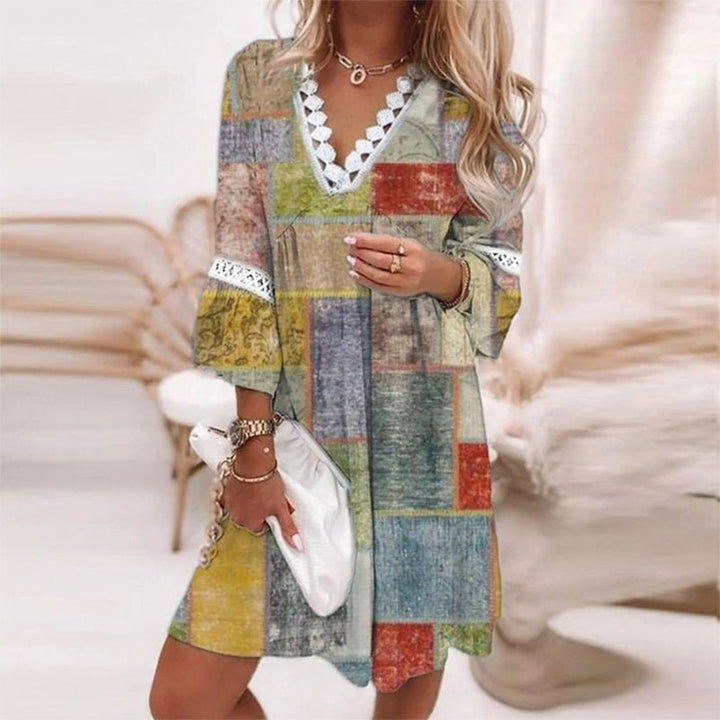 Boho Mini Kjole Løs Pasform Print V-Udskæring Langærmet - Yellow