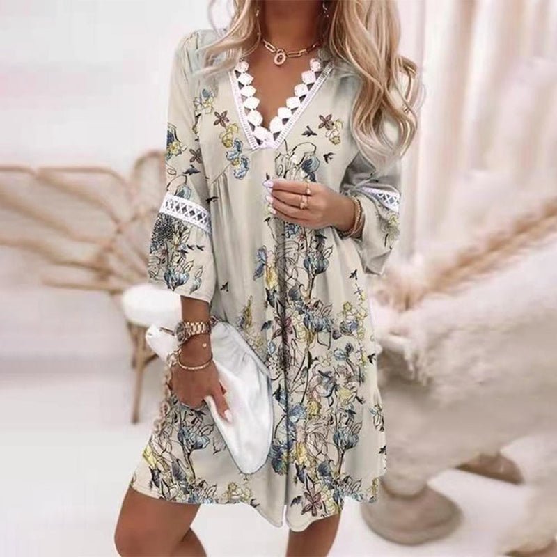 Boho Mini Kjole Løs Pasform Print V-Udskæring Langærmet - Light grey