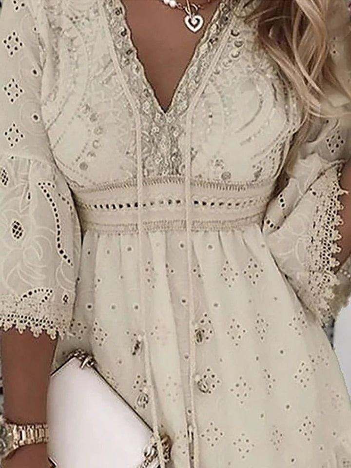Boho Mini Kjole V-Udskæring A-Linje Blonde Detaljer
