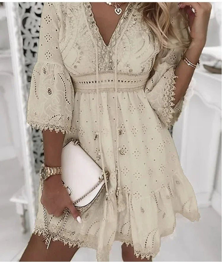 Boho Mini Kjole V-Udskæring A-Linje Blonde Detaljer