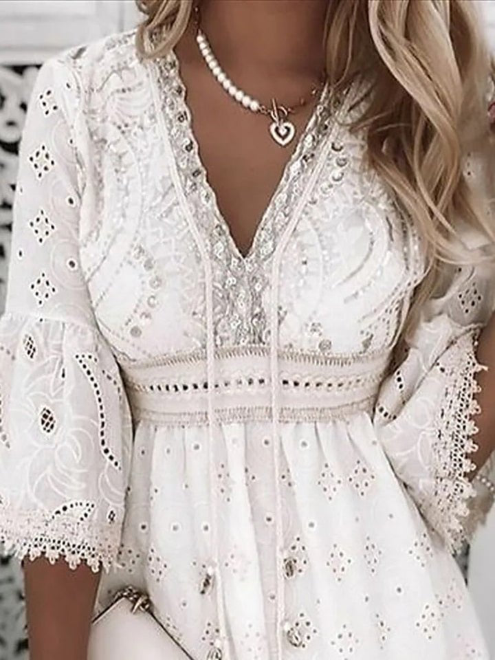 Boho Mini Kjole V-Udskæring A-Linje Blonde Detaljer