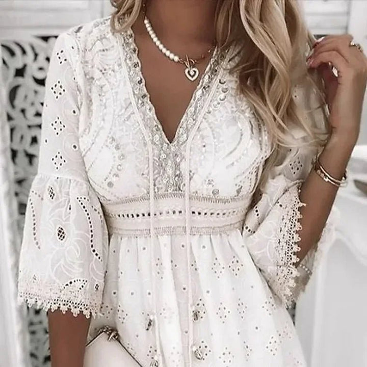 Boho Mini Kjole V-Udskæring A-Linje Blonde Detaljer
