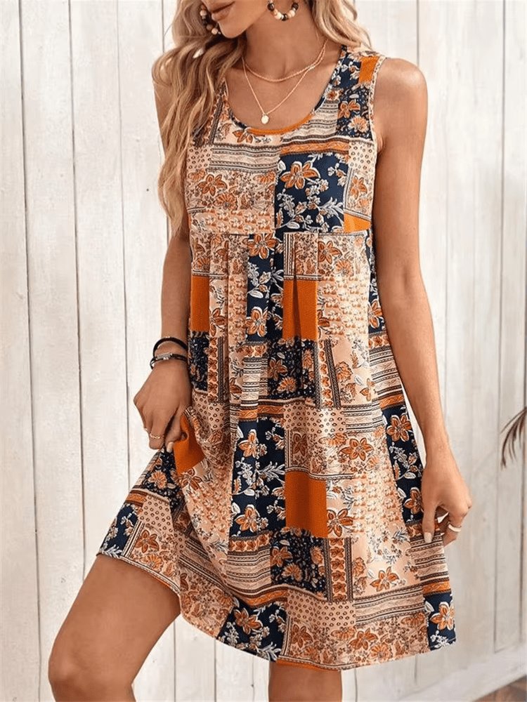 Boho Patchwork Kjole Ærmeløs Mini Print - Orange