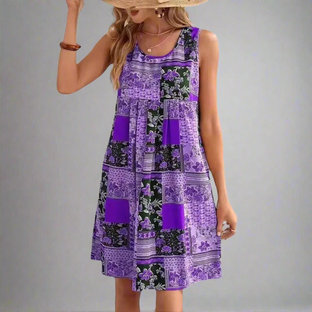 Boho Patchwork Kjole Ærmeløs Mini Print - Purple
