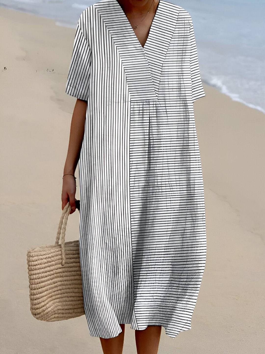 Boho Stribet V-Hals Midi Kjole til Kvinder Afslappet Sommerkjole - Stripe White
