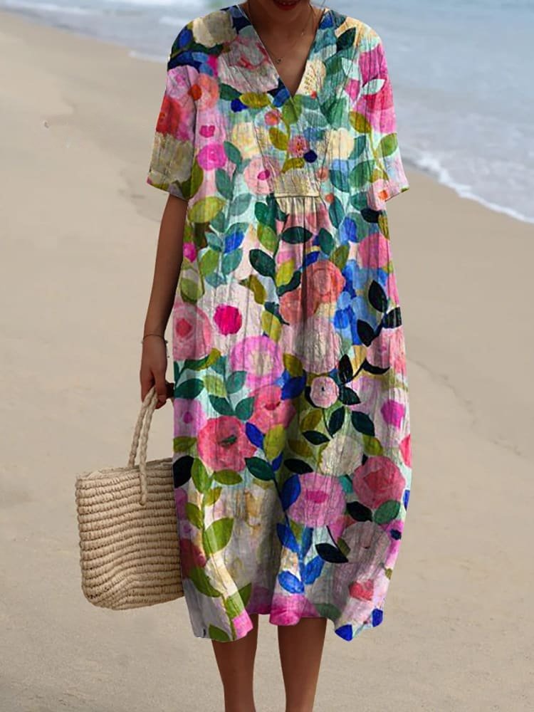 Boho Stribet V-Hals Midi Kjole til Kvinder Afslappet Sommerkjole - Colorful