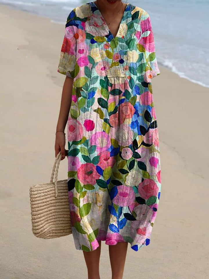 Boho Stribet V-Hals Midi Kjole til Kvinder Afslappet Sommerkjole - Colorful