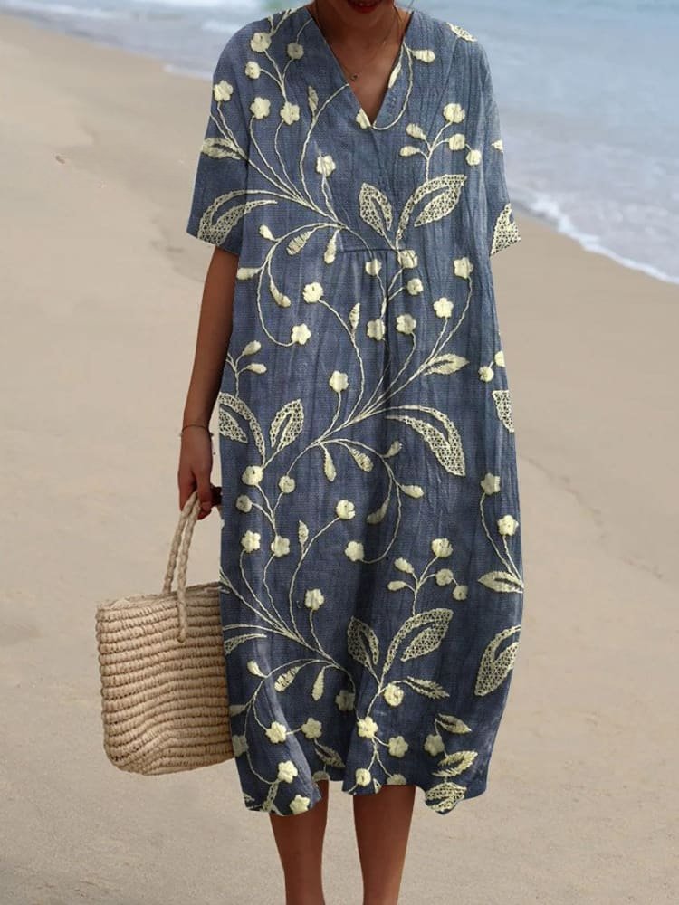 Boho Stribet V-Hals Midi Kjole til Kvinder Afslappet Sommerkjole - Blue Gray