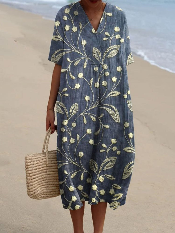 Boho Stribet V-Hals Midi Kjole til Kvinder Afslappet Sommerkjole - Blue Gray