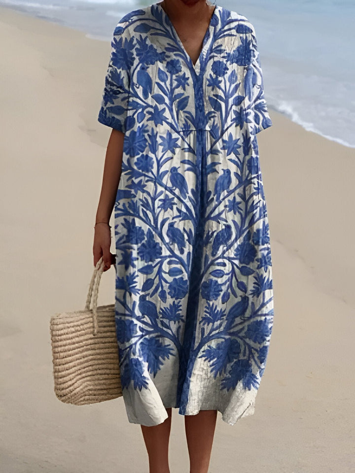 Boho Stribet V-Hals Midi Kjole til Kvinder Afslappet Sommerkjole - Blue