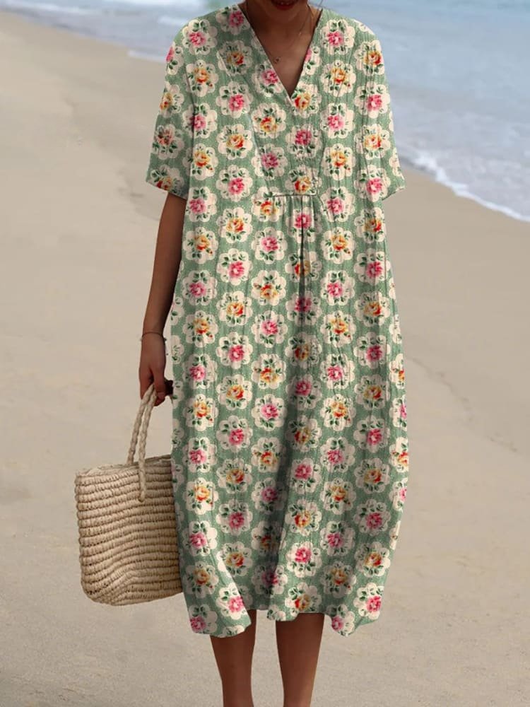 Boho Stribet V-Hals Midi Kjole til Kvinder Afslappet Sommerkjole - Floral Green