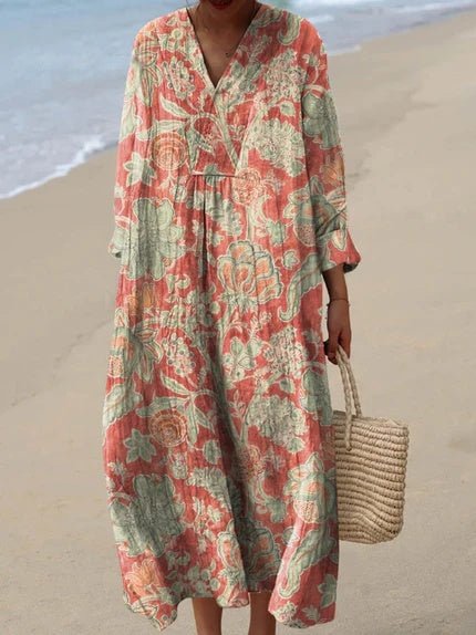 Boho Stribet V-Hals Midi Kjole til Kvinder Afslappet Sommerkjole - Floral Orange