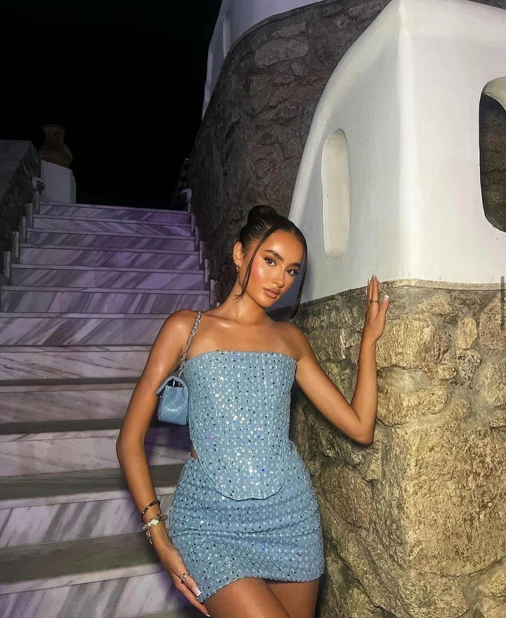 Dahlia Paillette Denim Two-Piece Set Tube Top Nederdel Dame