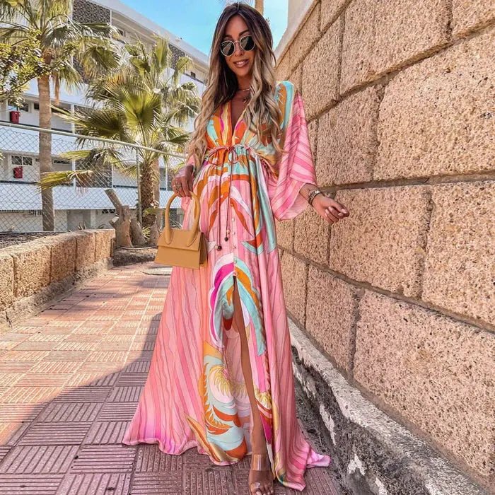 Dame Abstrakt Print Maxi Kjole Dyb V-udskæring Kimono Ærmer - Light Pink