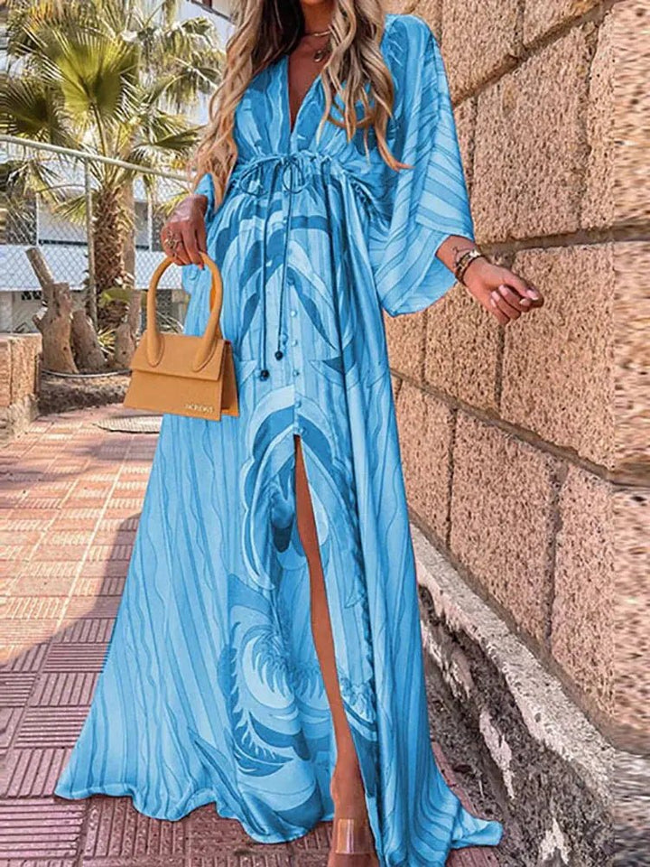 Dame Abstrakt Print Maxi Kjole Dyb V-udskæring Kimono Ærmer - Blue