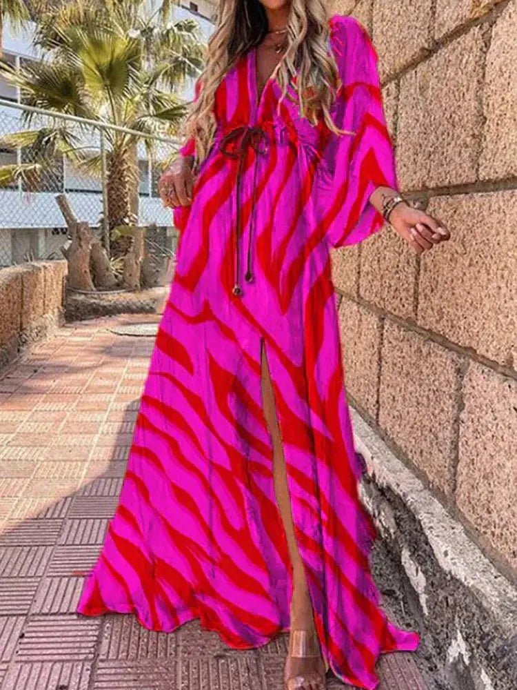 Dame Abstrakt Print Maxi Kjole Dyb V-udskæring Kimono Ærmer - Rose Red