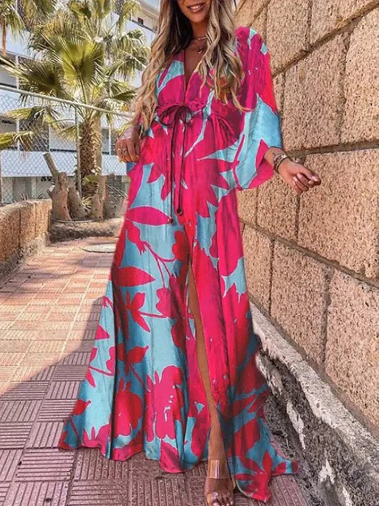 Dame Abstrakt Print Maxi Kjole Dyb V-udskæring Kimono Ærmer - Blue-pink