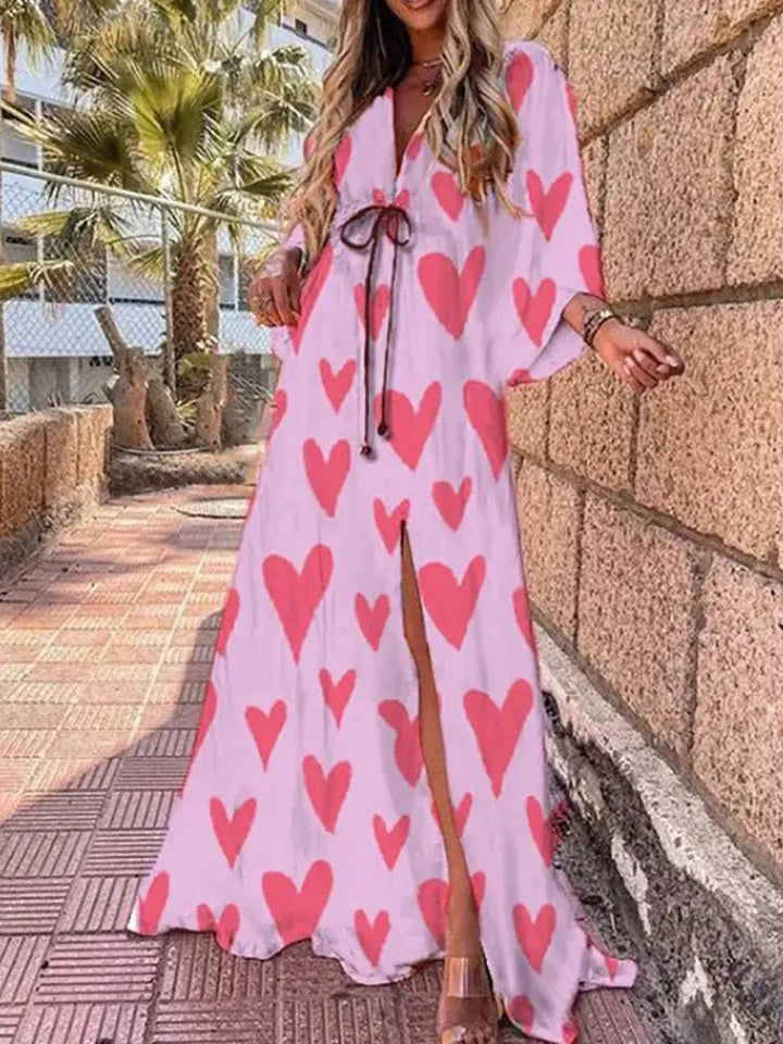 Dame Abstrakt Print Maxi Kjole Dyb V-udskæring Kimono Ærmer - Rose