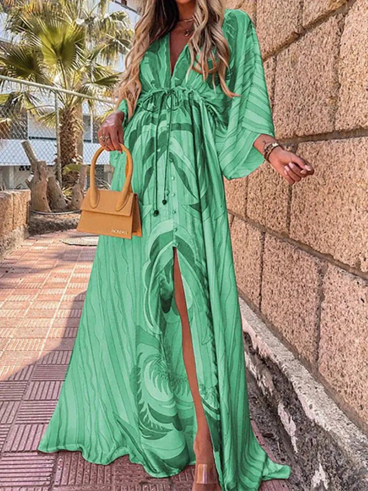 Dame Abstrakt Print Maxi Kjole Dyb V-udskæring Kimono Ærmer - Green