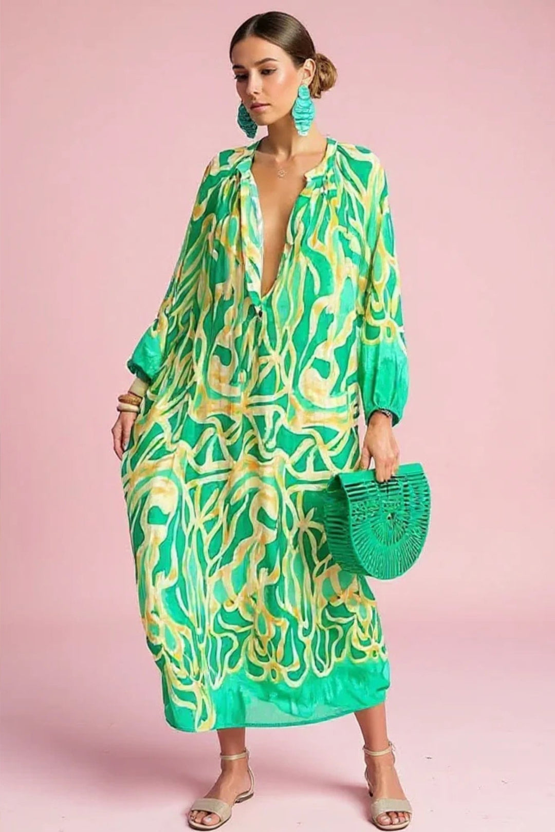 Dame Abstrakt Print V-hals Kaftan Maxi Kjole Langærmet - Green