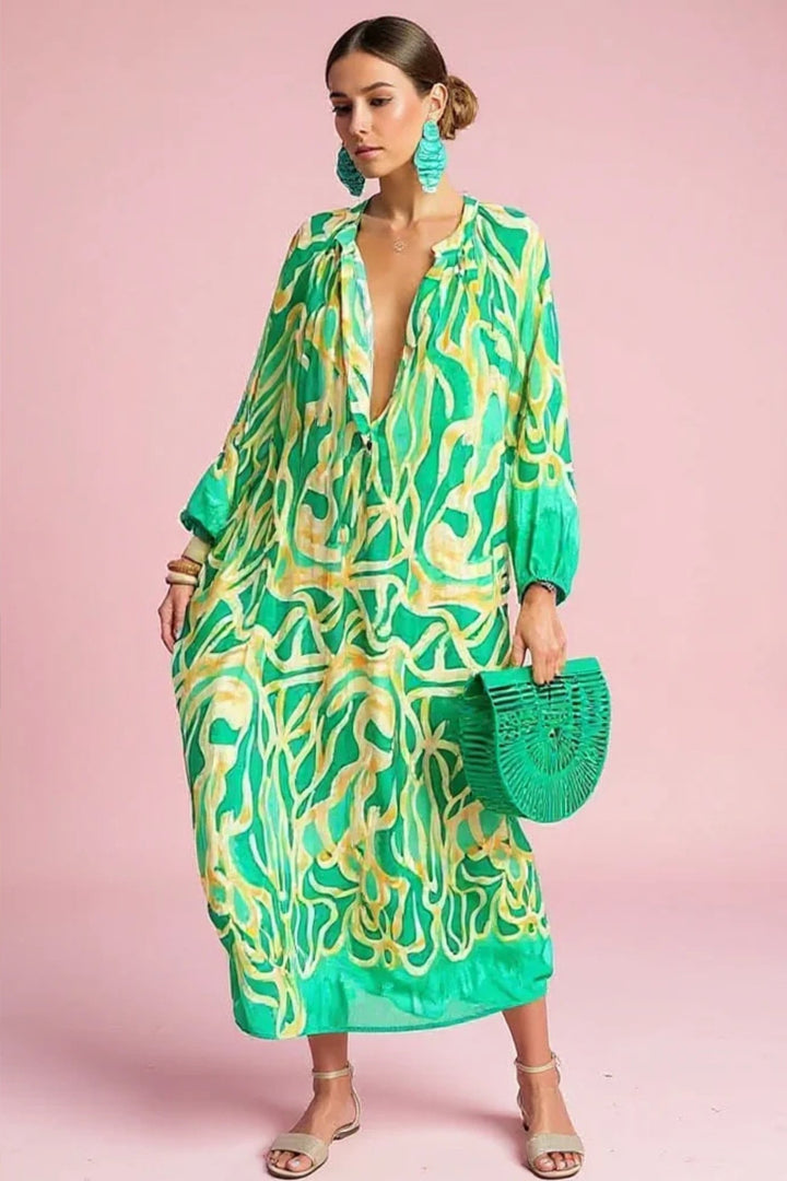 Dame Abstrakt Print V-hals Kaftan Maxi Kjole Langærmet - Green