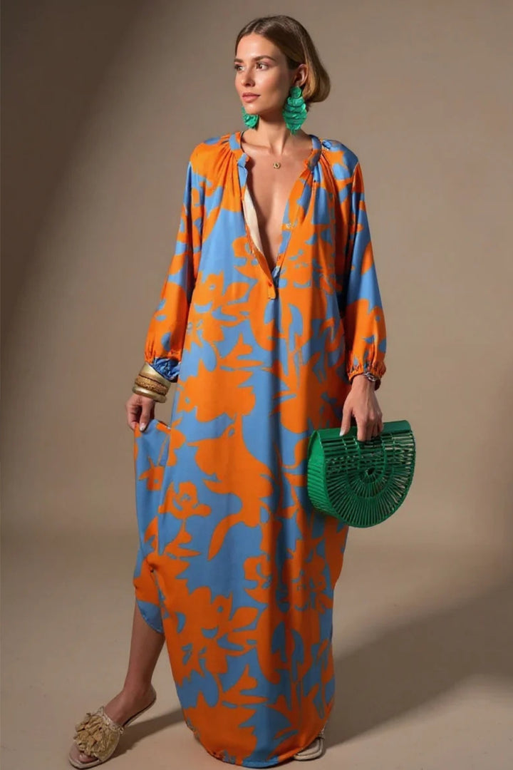 Dame Abstrakt Print V-hals Kaftan Maxi Kjole Langærmet - Orange
