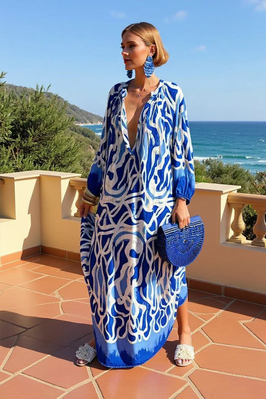 Dame Abstrakt Print V-hals Kaftan Maxi Kjole Langærmet - Blue