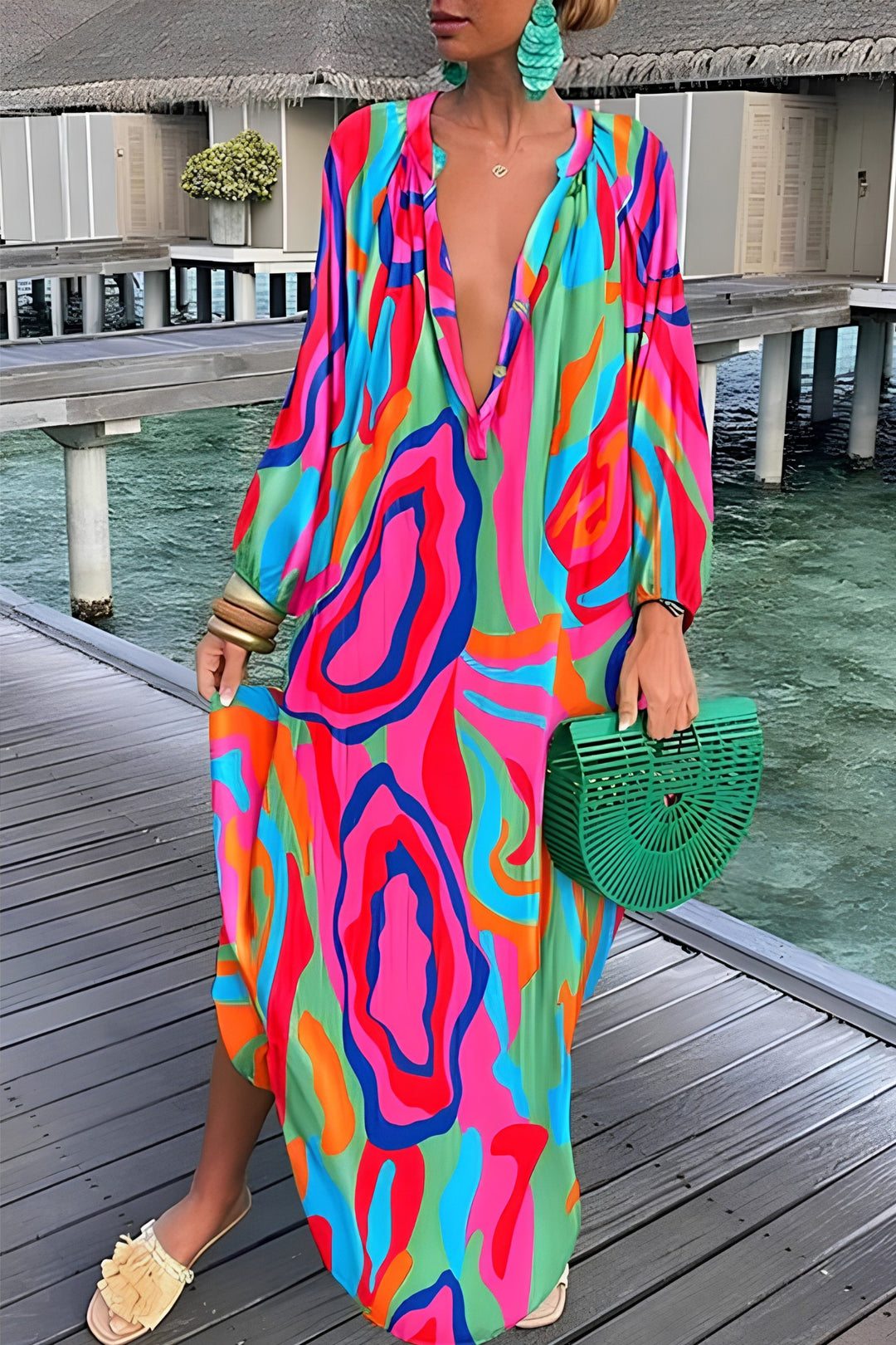 Dame Abstrakt Print V-hals Kaftan Maxi Kjole Langærmet - Pink
