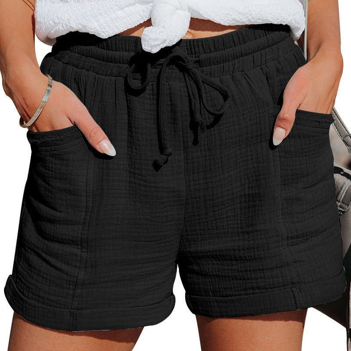 Dame Afslappede Linen Shorts med Snørebånd - Black