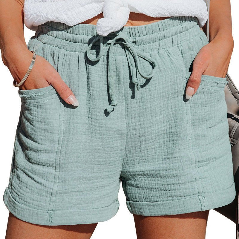 Dame Afslappede Linen Shorts med Snørebånd - Turquoise