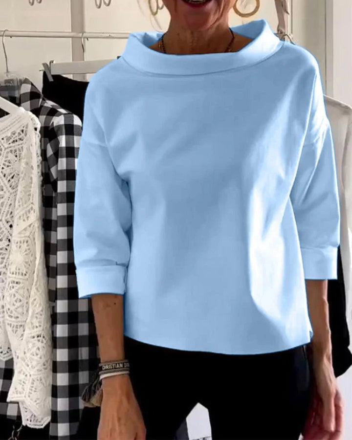 Dame Afslappet Bateau-hals Bluse med 3/4-ærmer Dropped Shoulder - Blue
