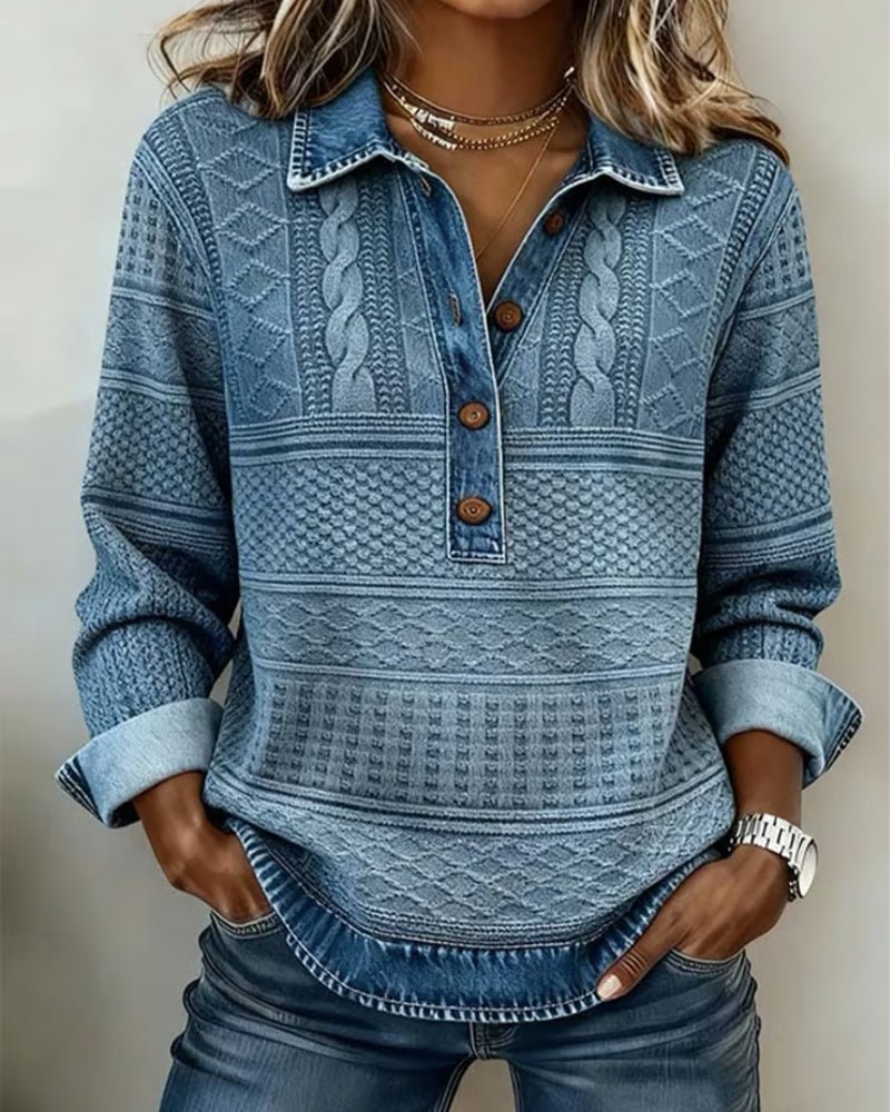 Dame Afslappet Kabelstrikket Halvknappet Sweatshirt Denimkrave - Blue