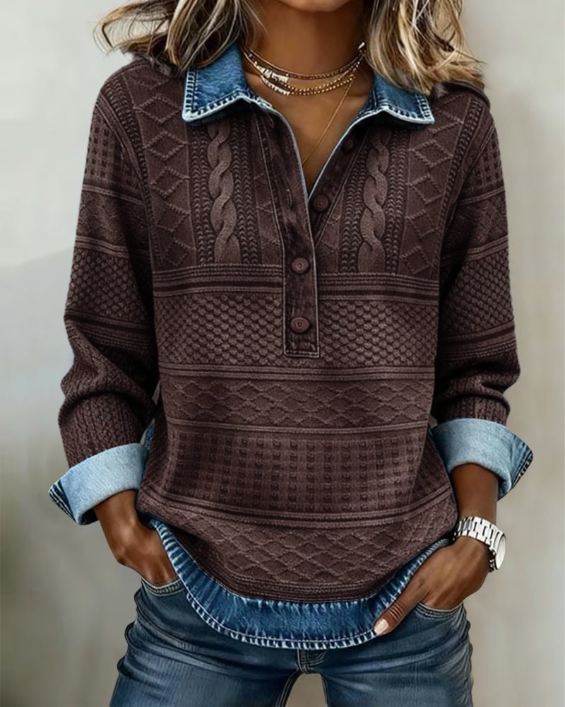 Dame Afslappet Kabelstrikket Halvknappet Sweatshirt Denimkrave - Coffee