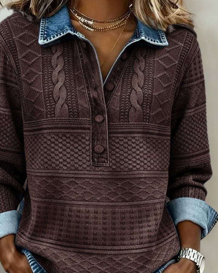 Dame Afslappet Kabelstrikket Halvknappet Sweatshirt Denimkrave