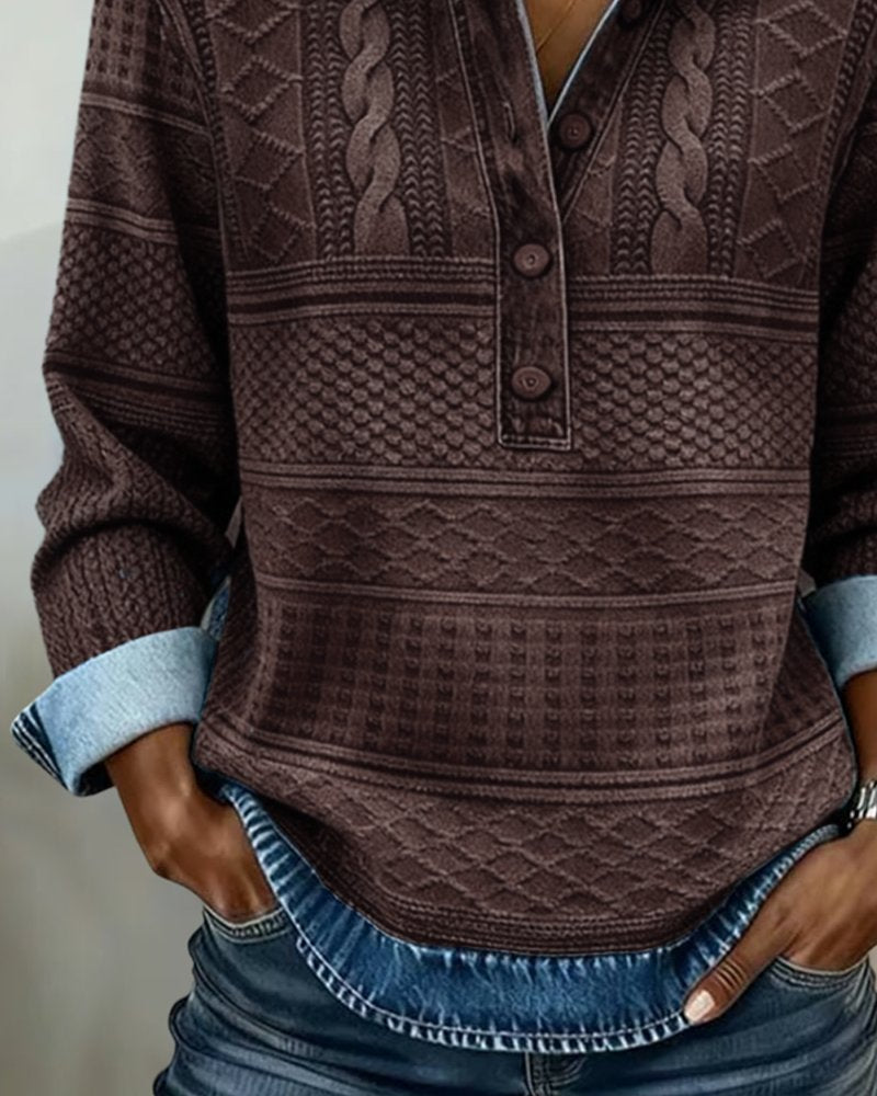 Dame Afslappet Kabelstrikket Halvknappet Sweatshirt Denimkrave