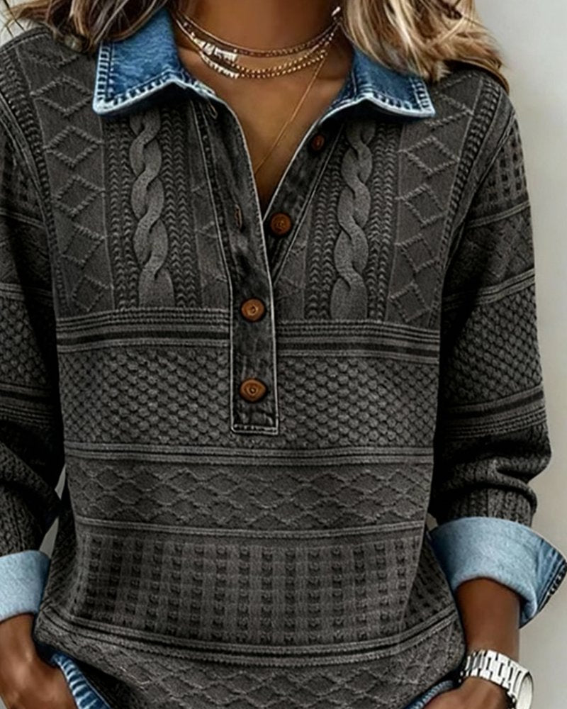 Dame Afslappet Kabelstrikket Halvknappet Sweatshirt Denimkrave