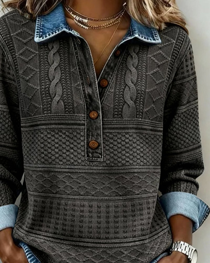 Dame Afslappet Kabelstrikket Halvknappet Sweatshirt Denimkrave