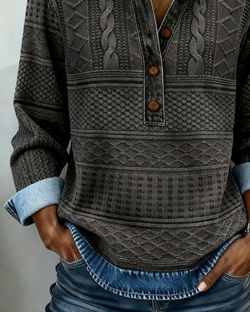 Dame Afslappet Kabelstrikket Halvknappet Sweatshirt Denimkrave