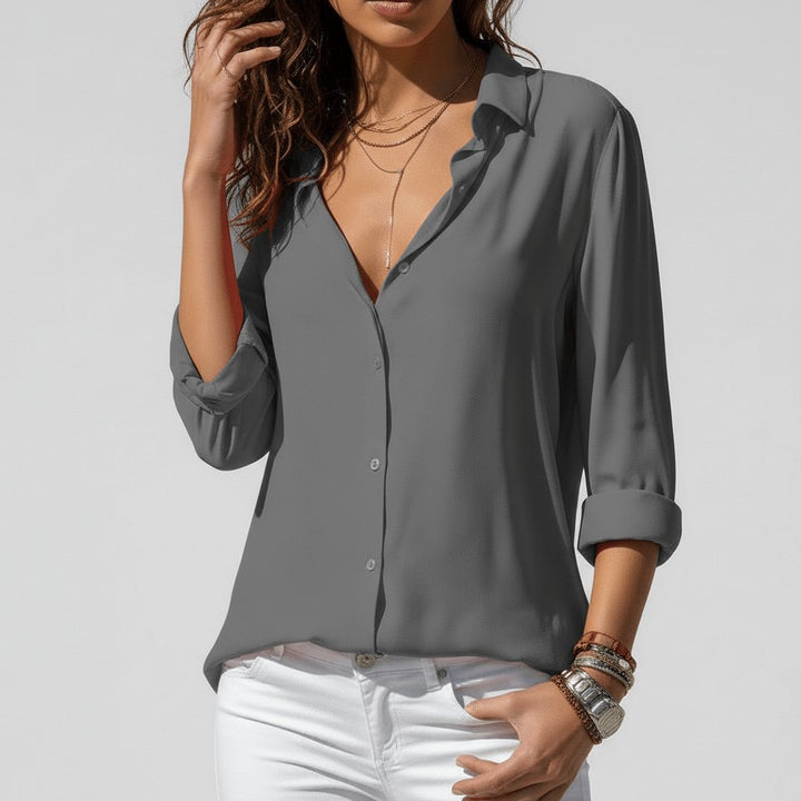 Dame Afslappet Langærmet Knaplukning Skjortebluse - Classic Grey