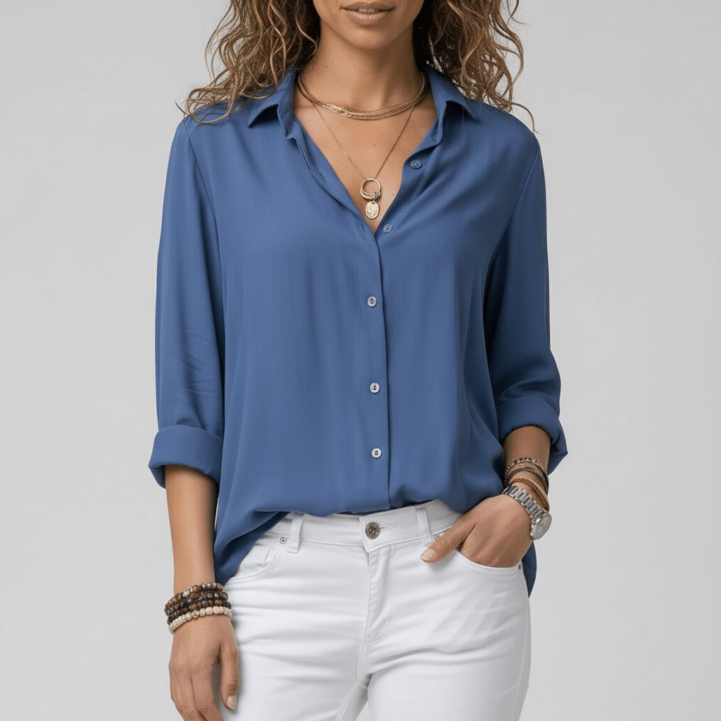Dame Afslappet Langærmet Knaplukning Skjortebluse - Ocean Blue