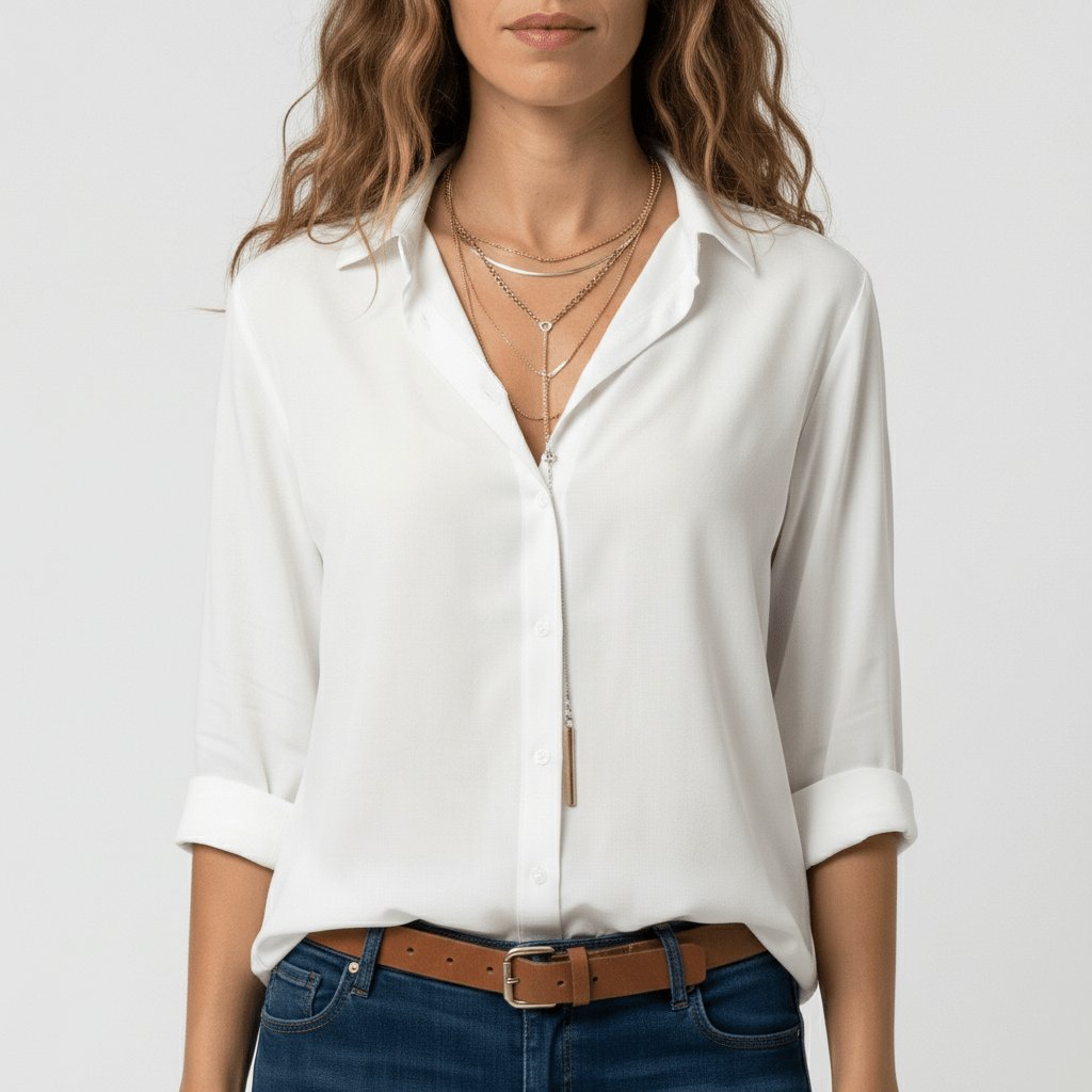 Dame Afslappet Langærmet Knaplukning Skjortebluse - Pure White