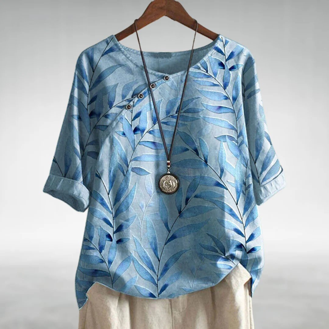 Dame Afslappet Linen Bluse Korte Ærmer Blomsterprint - Blue