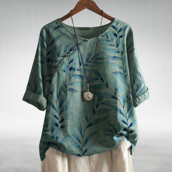 Dame Afslappet Linen Bluse Korte Ærmer Blomsterprint - Green